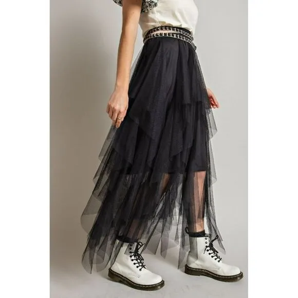 Easel Allover Mesh Ballerina Tulle Princess Maxi Skirt in Black New S-L EB40814