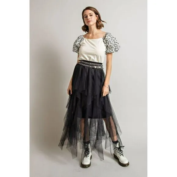 Easel Allover Mesh Ballerina Tulle Princess Maxi Skirt in Black New S-L EB40814