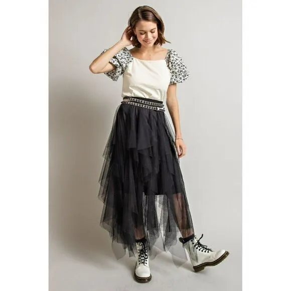 Easel Allover Mesh Ballerina Tulle Princess Maxi Skirt in Black New S-L EB40814
