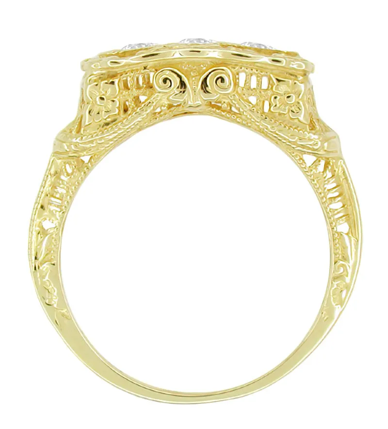 Edwardian 14 Karat Yellow Gold Filigree "Three Stone" Diamond Ring