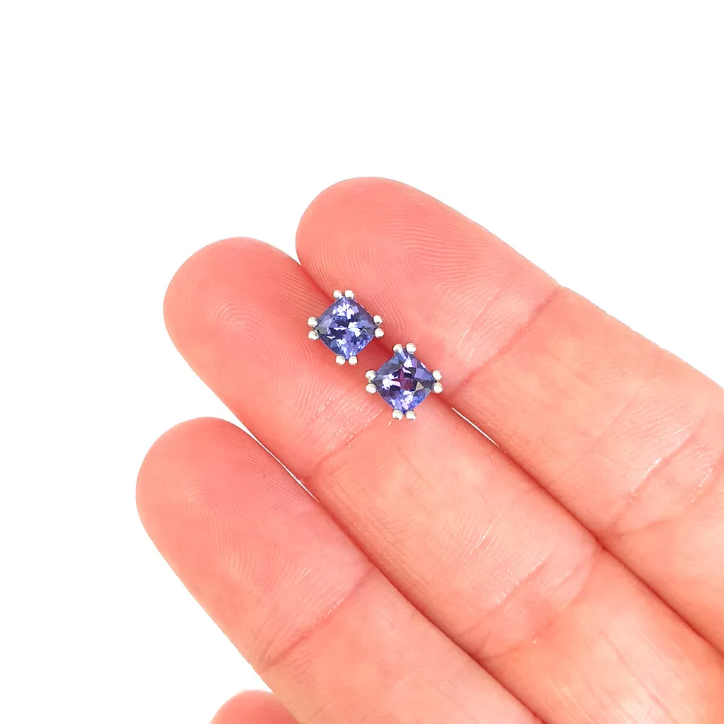 Elegant Double Claw Cushion Cut Tanzanite Studs