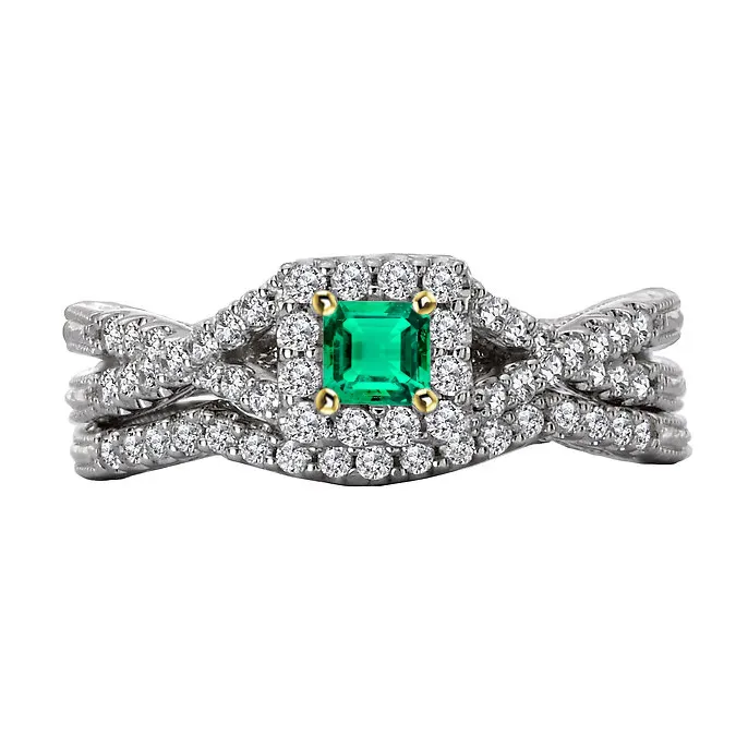 Elegant Green Emerald Engagement Ring Set Diamond Band