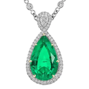 Elegant Halo Pear Green Emerald Pendant Anniversary Necklace