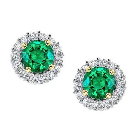 Elegant Round Diamond Green Emerald Halo Studs Earrings