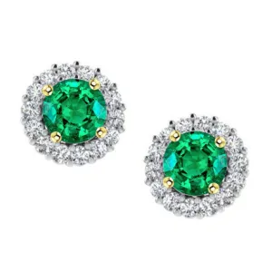 Elegant Round Diamond Green Emerald Halo Studs Earrings
