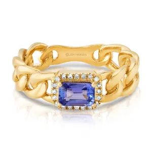 Elevated Diamond & Tanzanite Cuban Ring, 14kt Gold