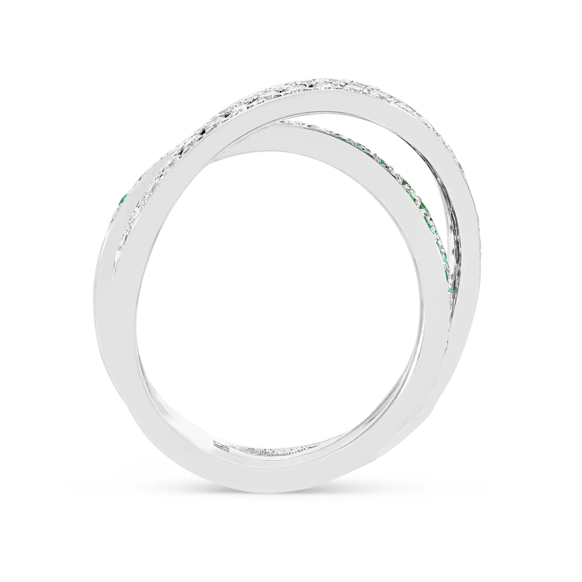 Emerald and White Diamond Crossover Ring