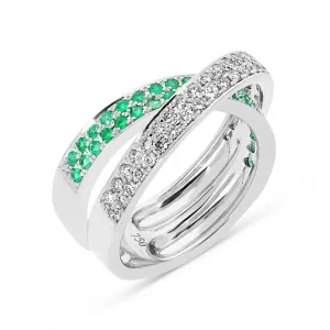 Emerald and White Diamond Crossover Ring