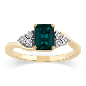 Emerald Cut Created Emerald Ring with 0.05ct of Diamonds in 9ct Yellow Gold