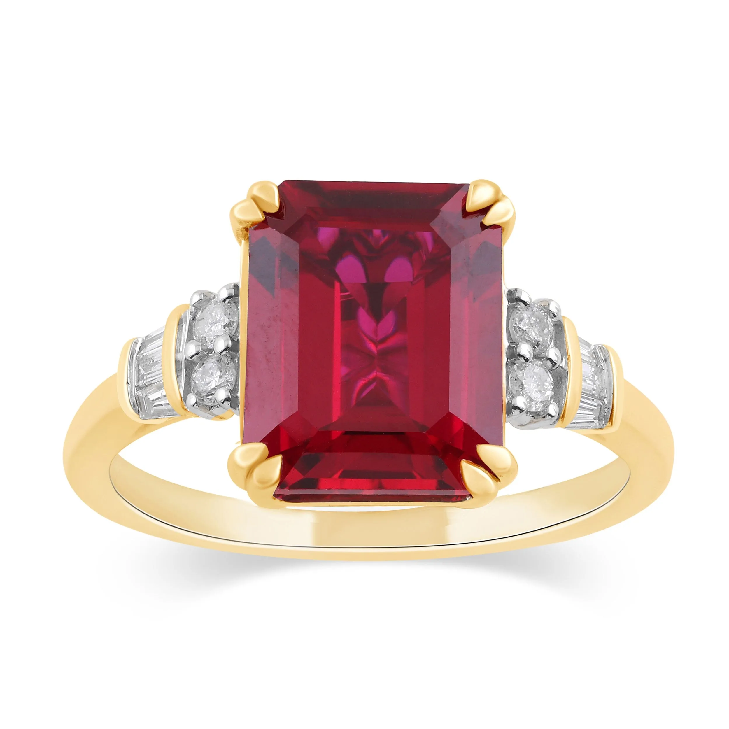 Emerald Cut Created Ruby Ring with 0.15ct of Diamonds in 9ct Yellow Gold