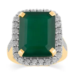 Emerald Cut Green Onyx Ring with 0.40ct of Diamond in 9ct Yellow Gold
