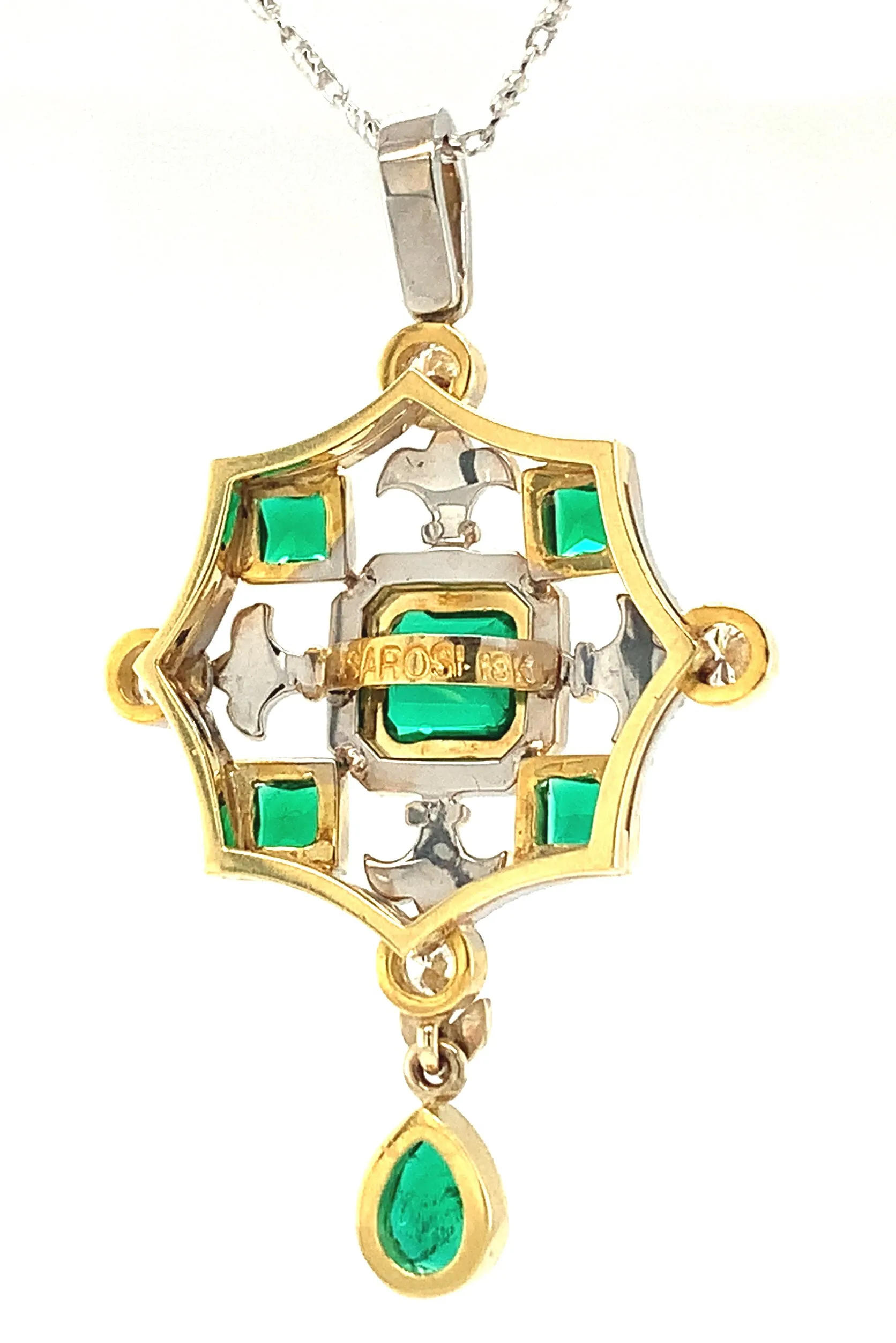 Emerald, Diamond, White, Yellow Gold "Renaissance" Design Drop Pendant Necklace
