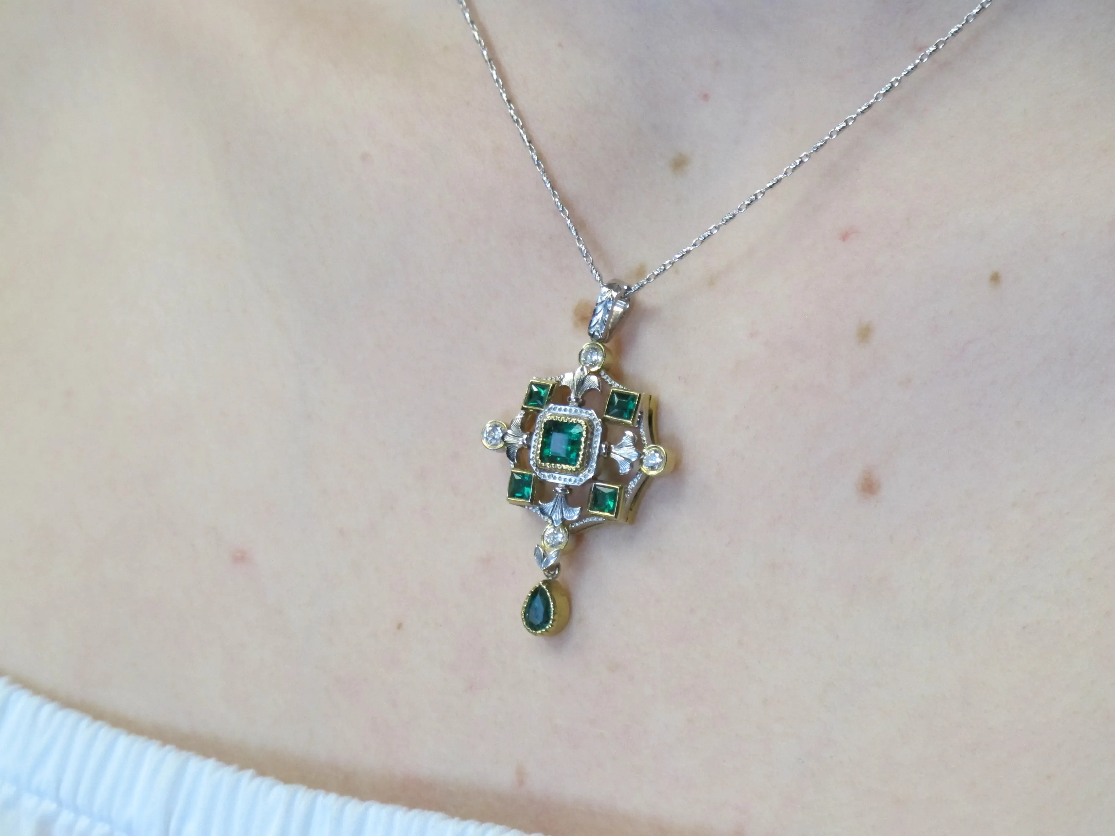 Emerald, Diamond, White, Yellow Gold "Renaissance" Design Drop Pendant Necklace