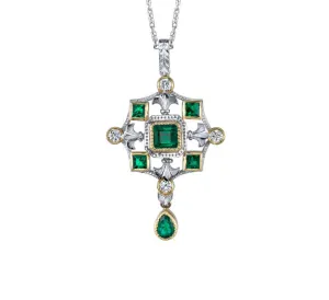 Emerald, Diamond, White, Yellow Gold "Renaissance" Design Drop Pendant Necklace