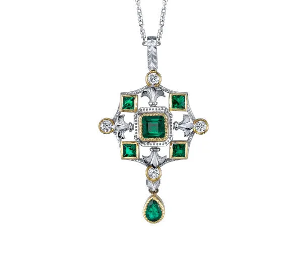 Emerald, Diamond, White, Yellow Gold "Renaissance" Design Drop Pendant Necklace