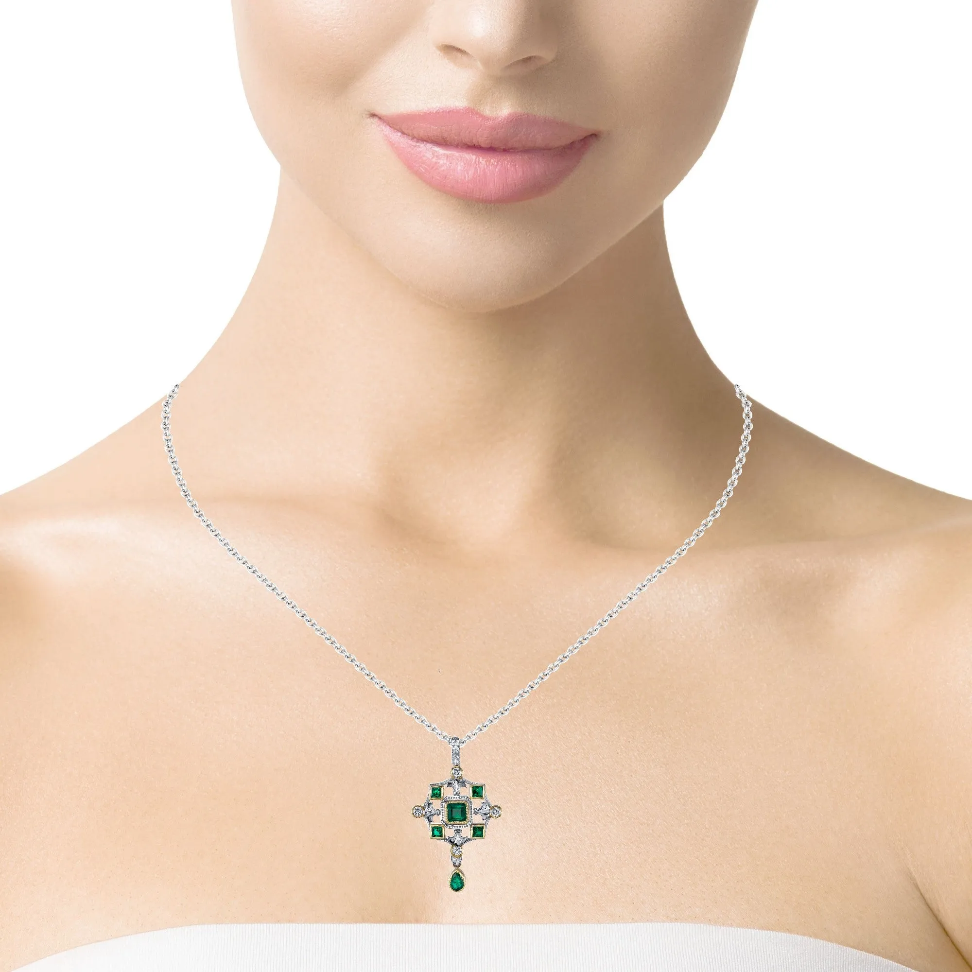 Emerald, Diamond, White, Yellow Gold "Renaissance" Design Drop Pendant Necklace