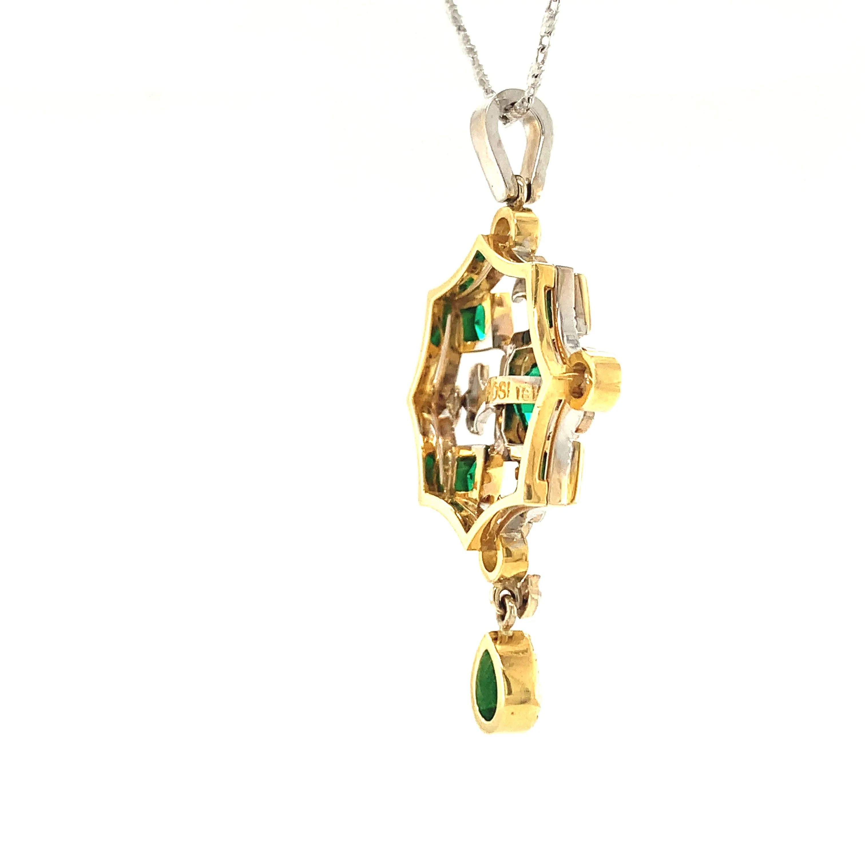 Emerald, Diamond, White, Yellow Gold "Renaissance" Design Drop Pendant Necklace