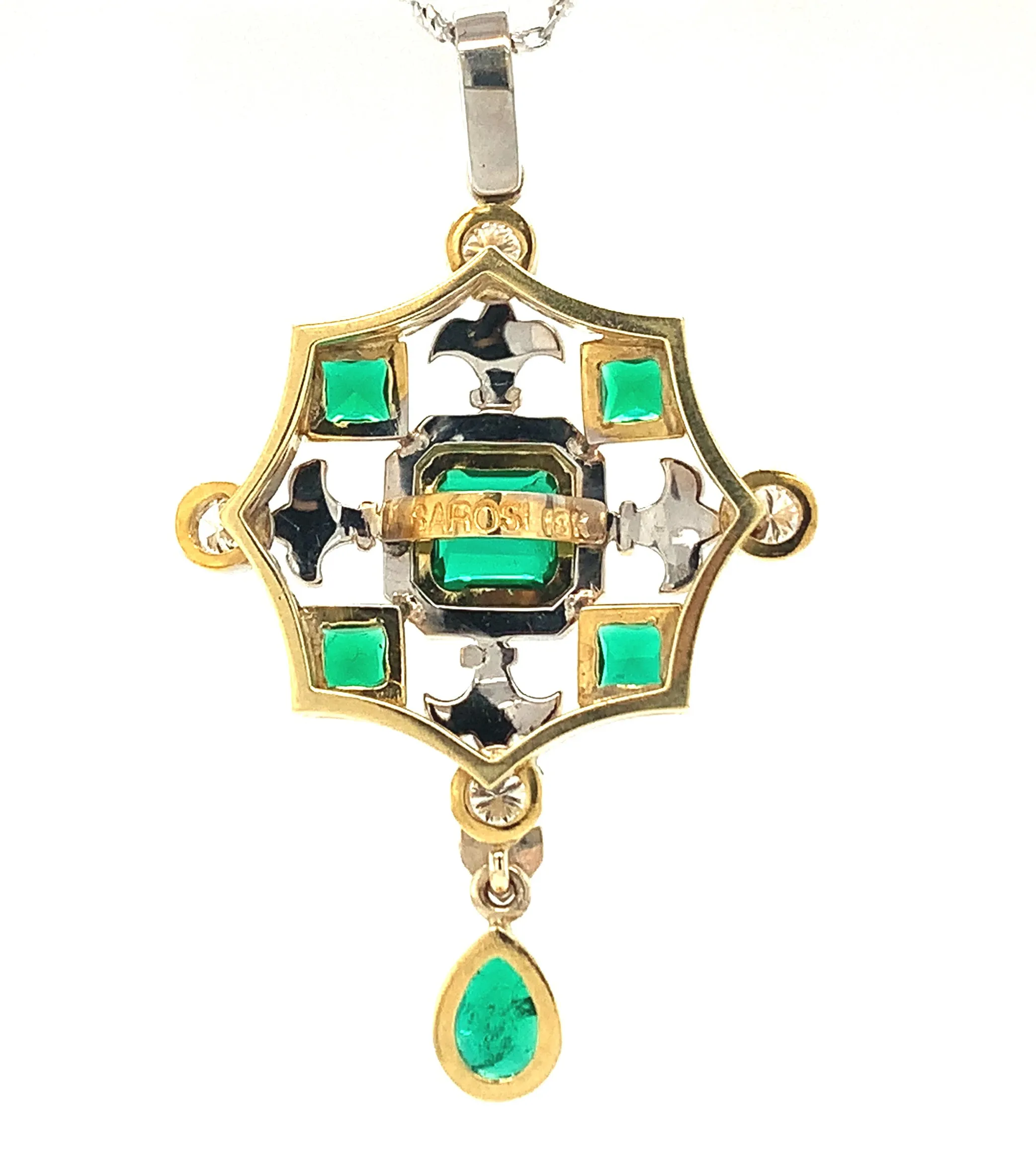 Emerald, Diamond, White, Yellow Gold "Renaissance" Design Drop Pendant Necklace