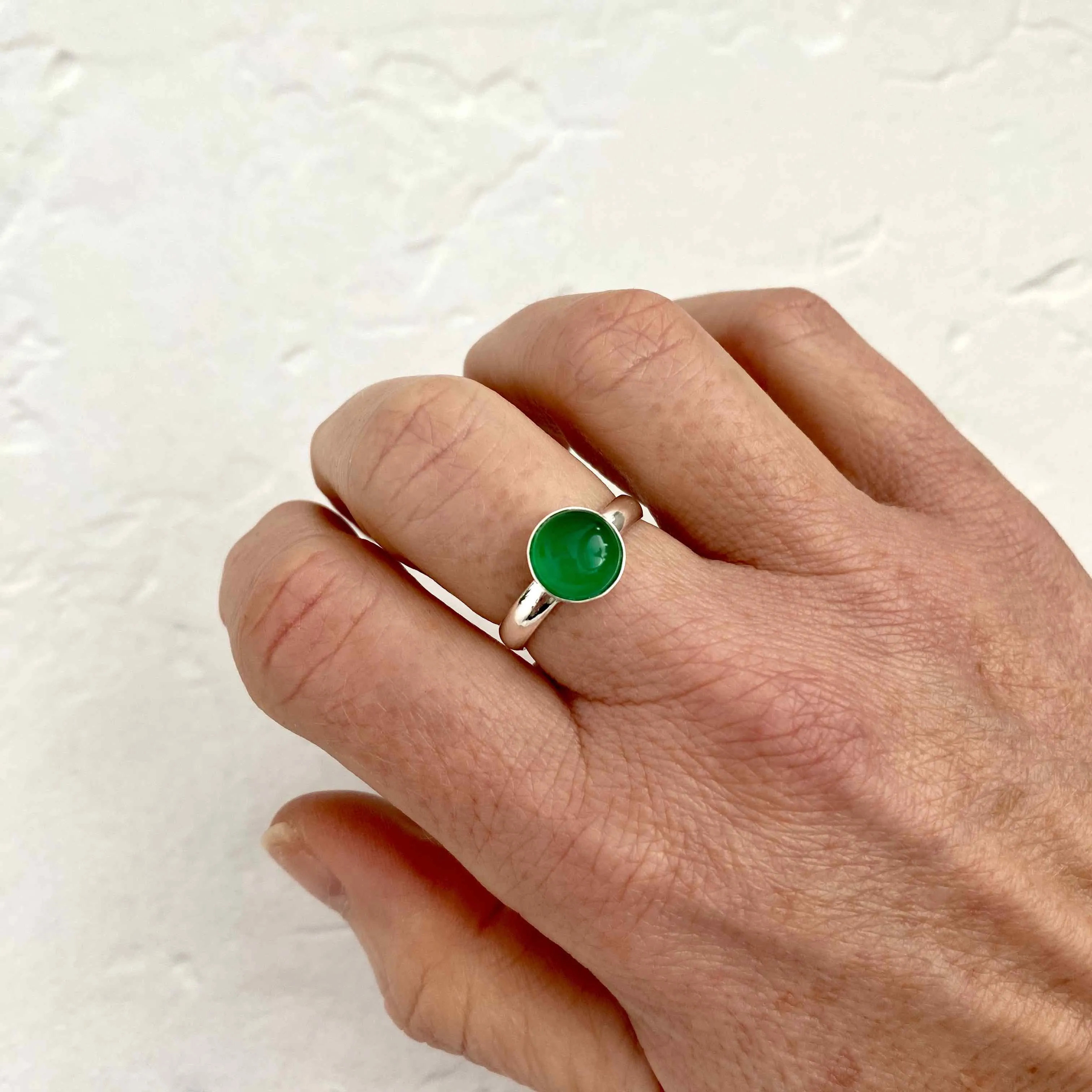 Emerald Green Agate Round Gemstone Ring - Adjustable