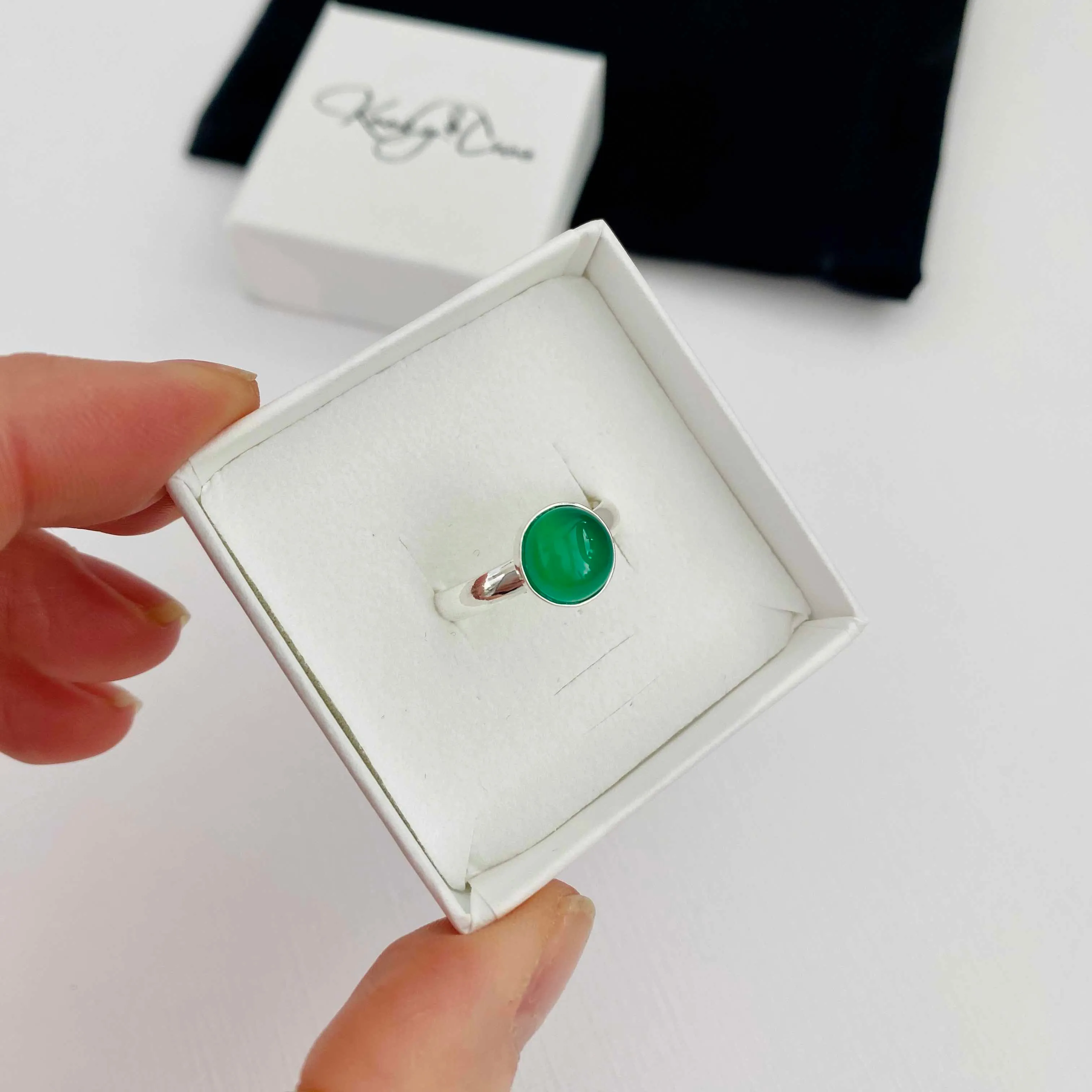 Emerald Green Agate Round Gemstone Ring - Adjustable
