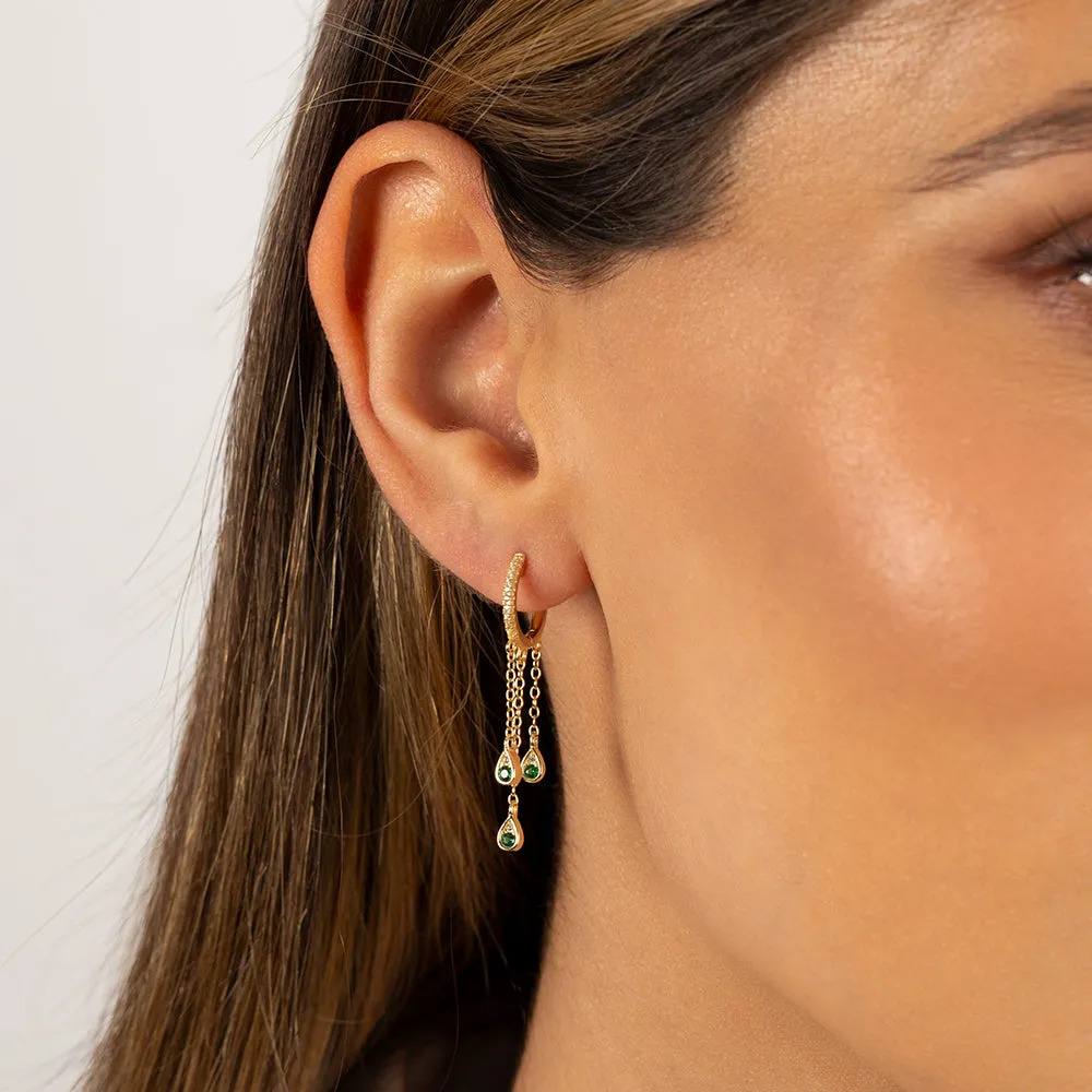 Emerald Green Teardrop Chain Drop Huggie Earring