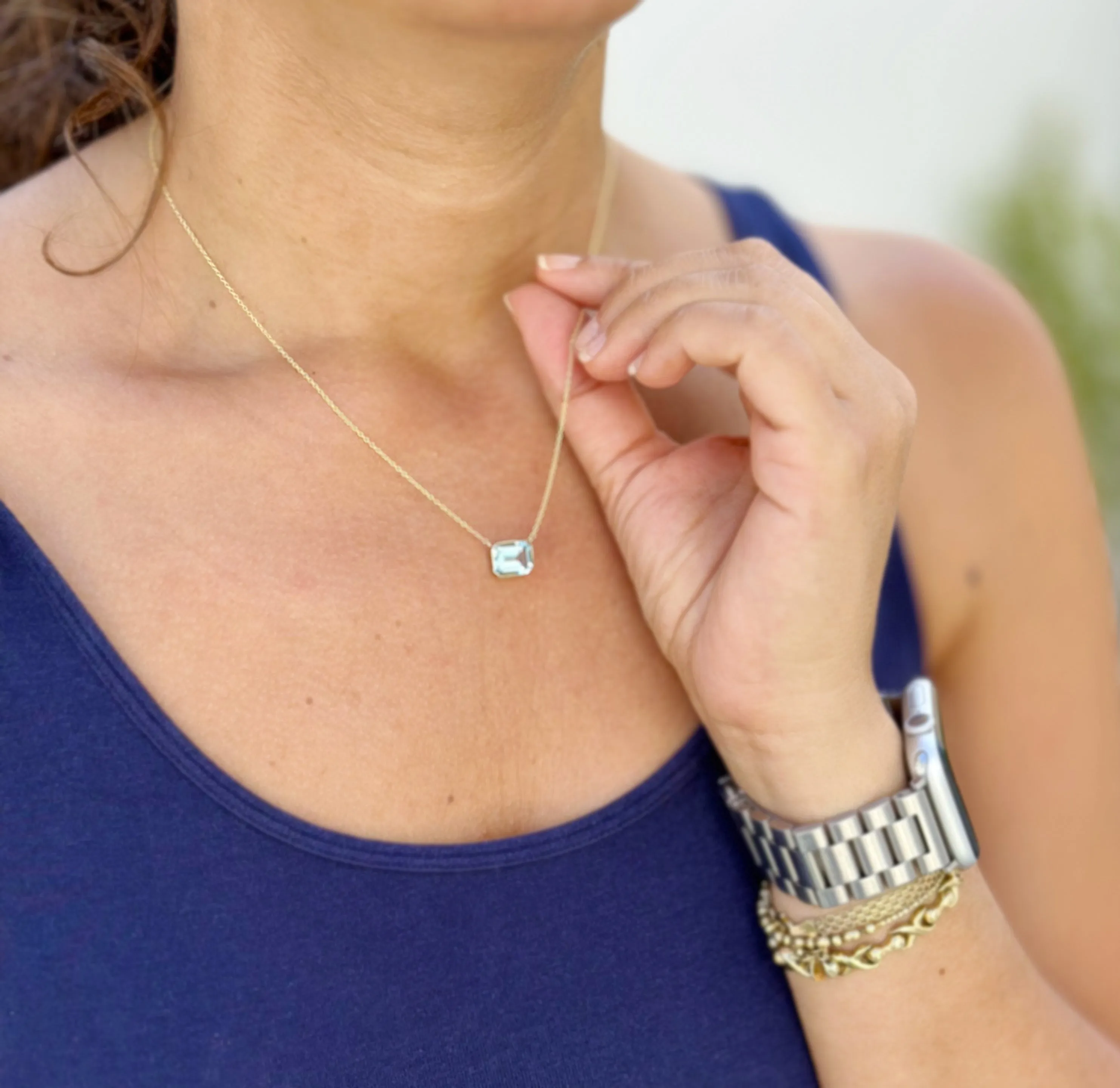 Emerald Natural Aquamarine Bezel Set Solitaire Necklace Minimalist Dainty 14k Solid Yellow Gold Chain Pendant Bridal Anniversary Gift 2.75ct