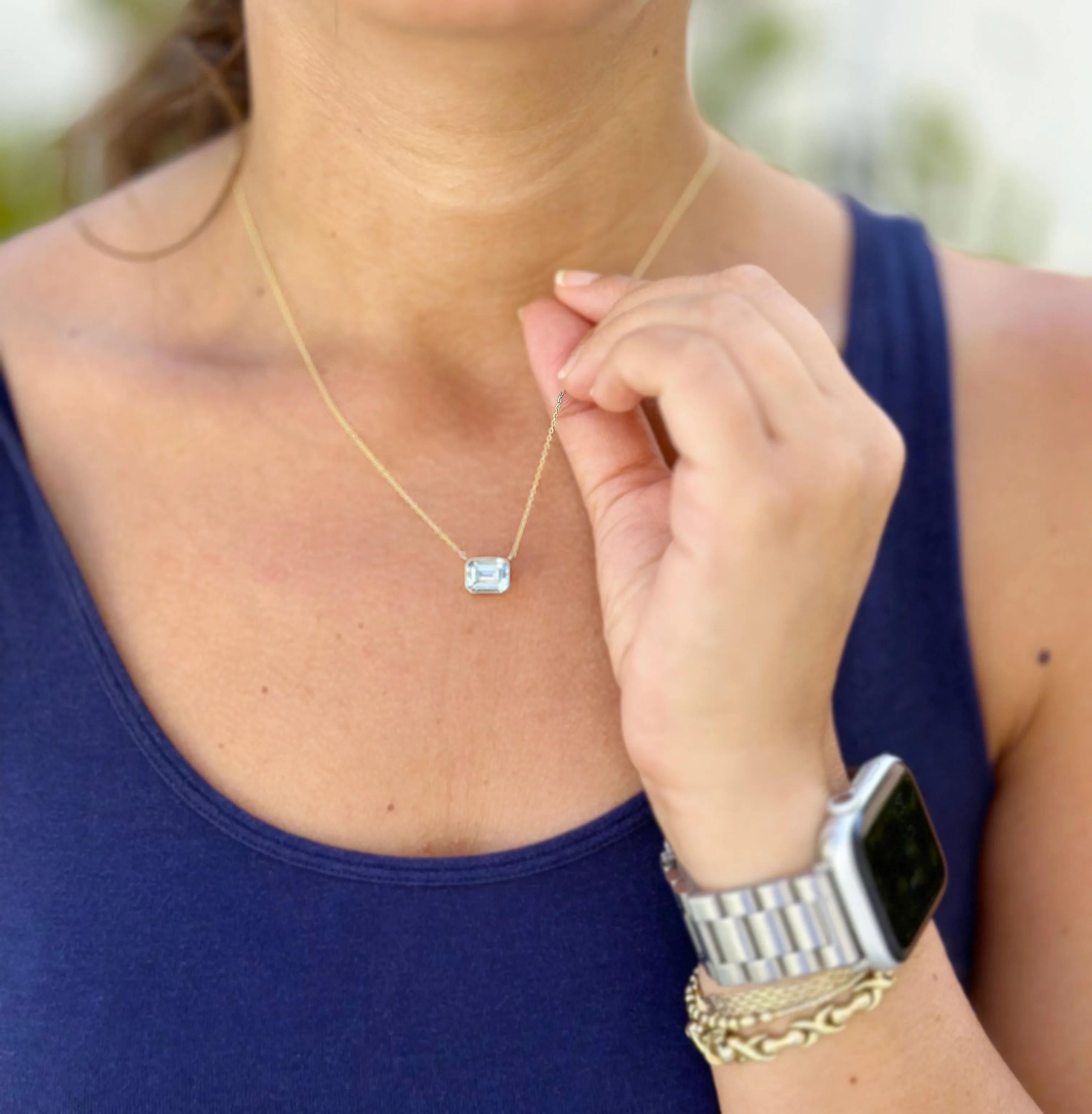 Emerald Natural Aquamarine Bezel Set Solitaire Necklace Minimalist Dainty 14k Solid Yellow Gold Chain Pendant Bridal Anniversary Gift 2.75ct