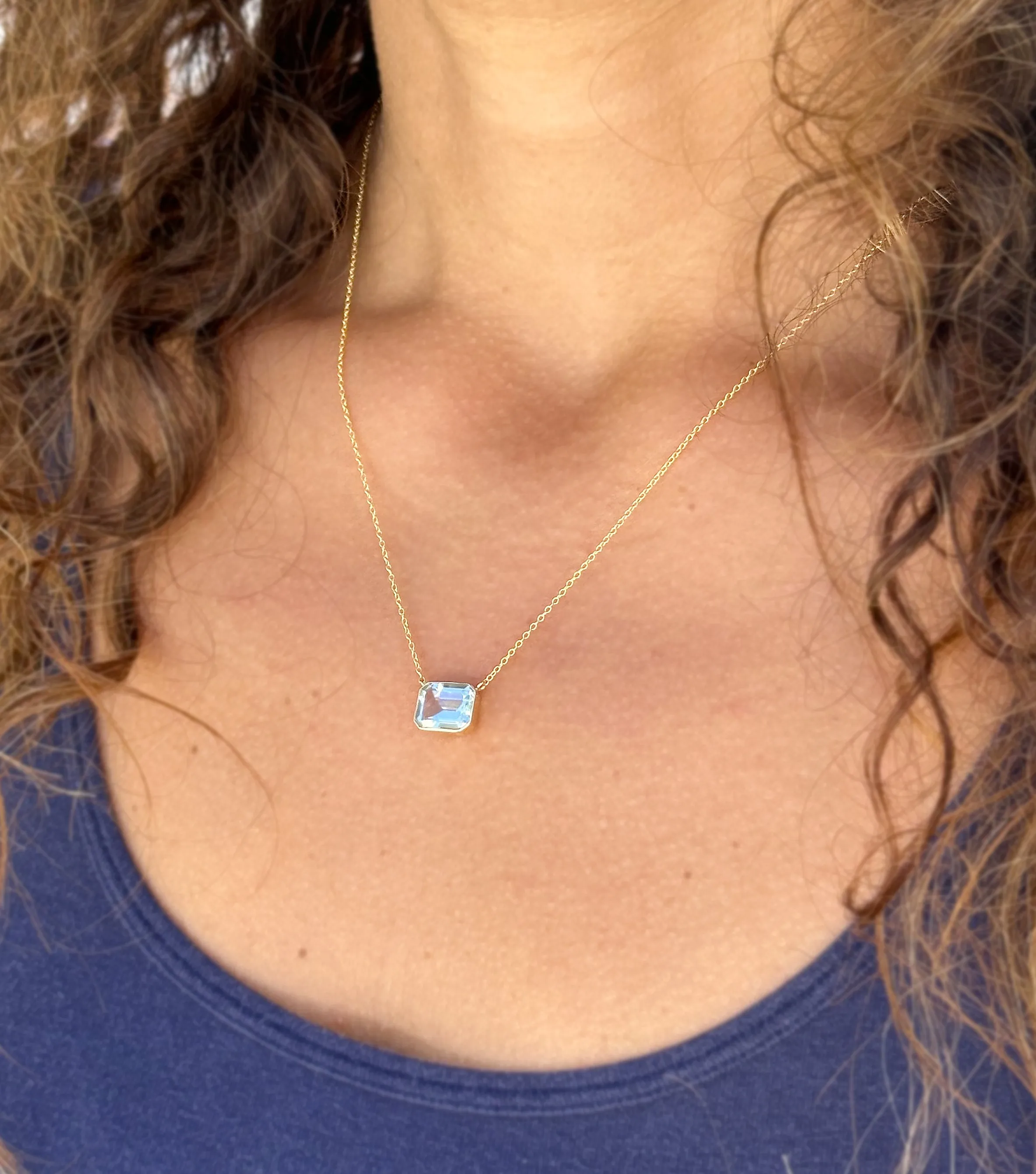 Emerald Natural Aquamarine Bezel Set Solitaire Necklace Minimalist Dainty 14k Solid Yellow Gold Chain Pendant Bridal Anniversary Gift 2.75ct