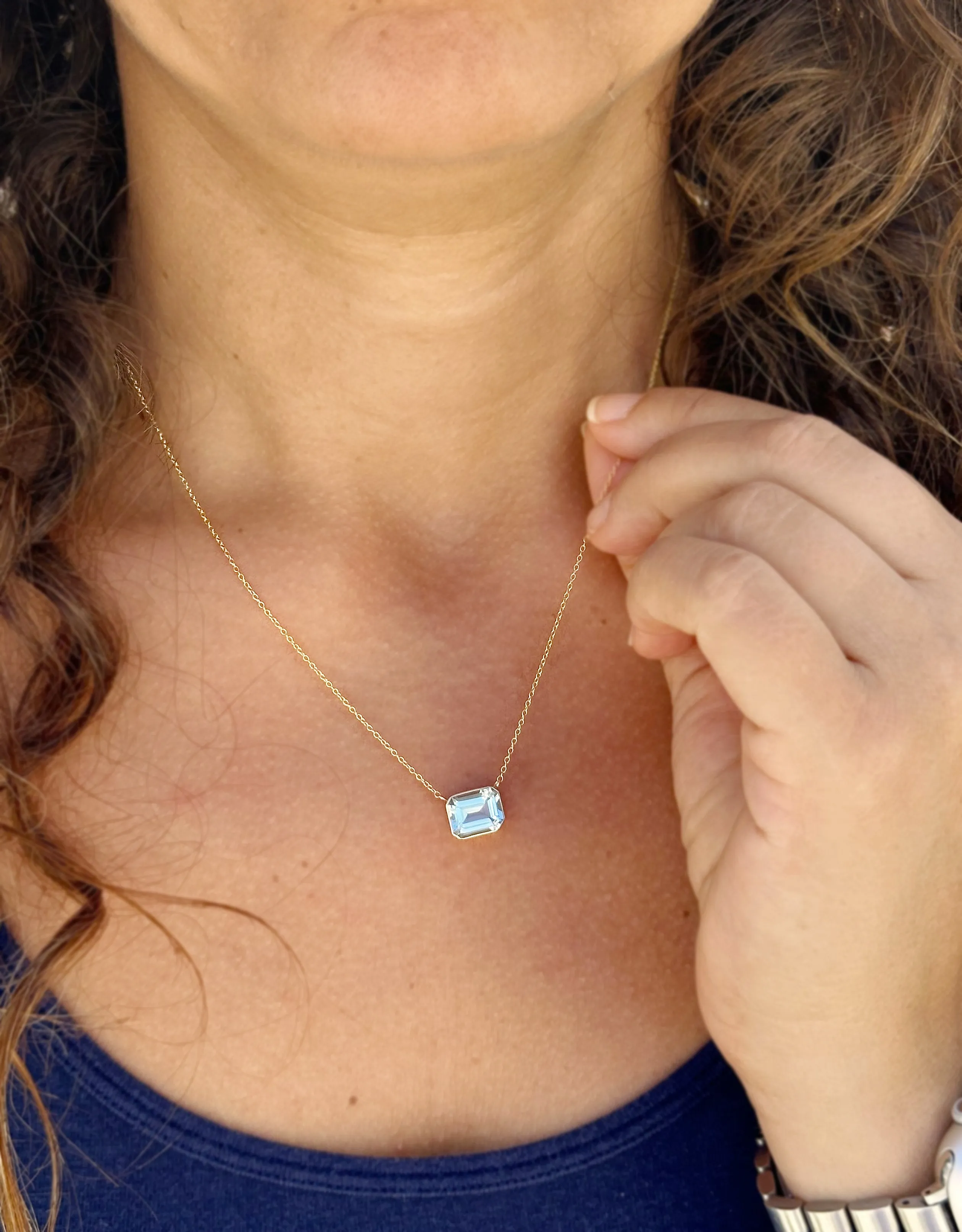 Emerald Natural Aquamarine Bezel Set Solitaire Necklace Minimalist Dainty 14k Solid Yellow Gold Chain Pendant Bridal Anniversary Gift 2.75ct