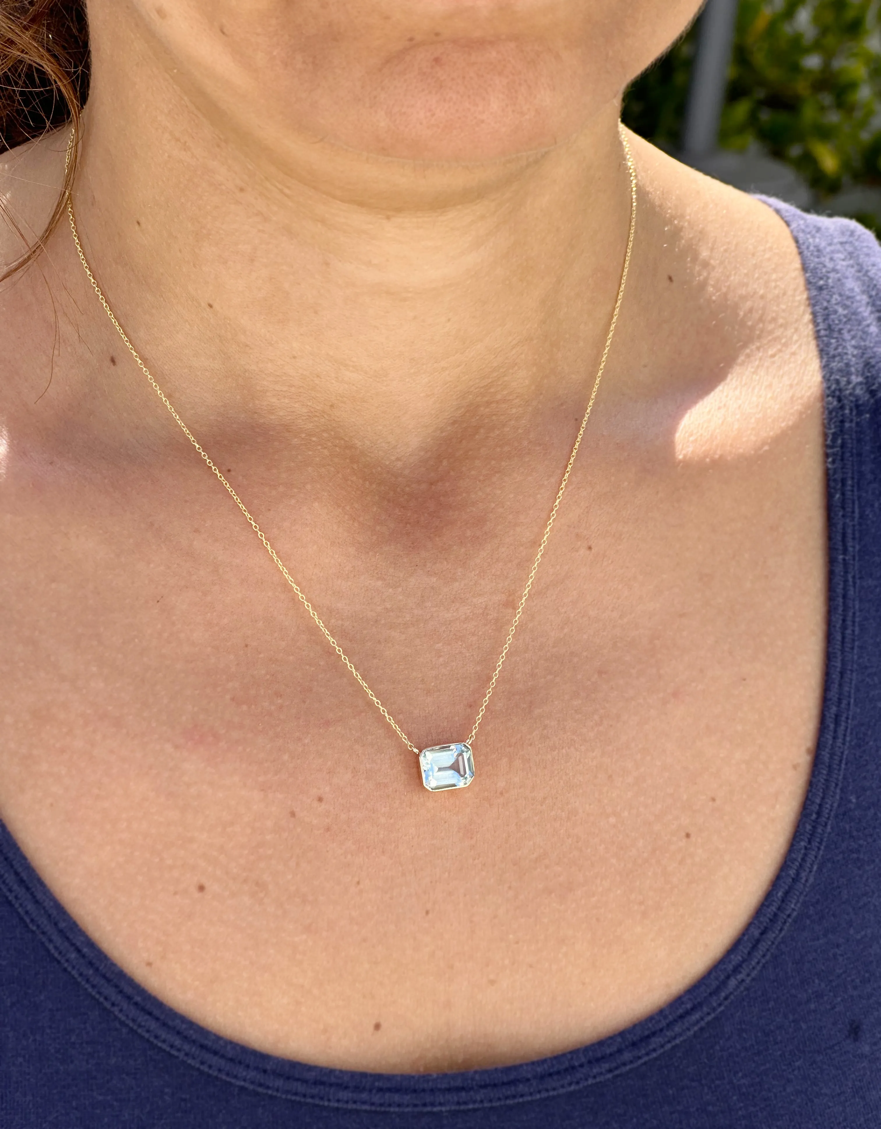 Emerald Natural Aquamarine Bezel Set Solitaire Necklace Minimalist Dainty 14k Solid Yellow Gold Chain Pendant Bridal Anniversary Gift 2.75ct
