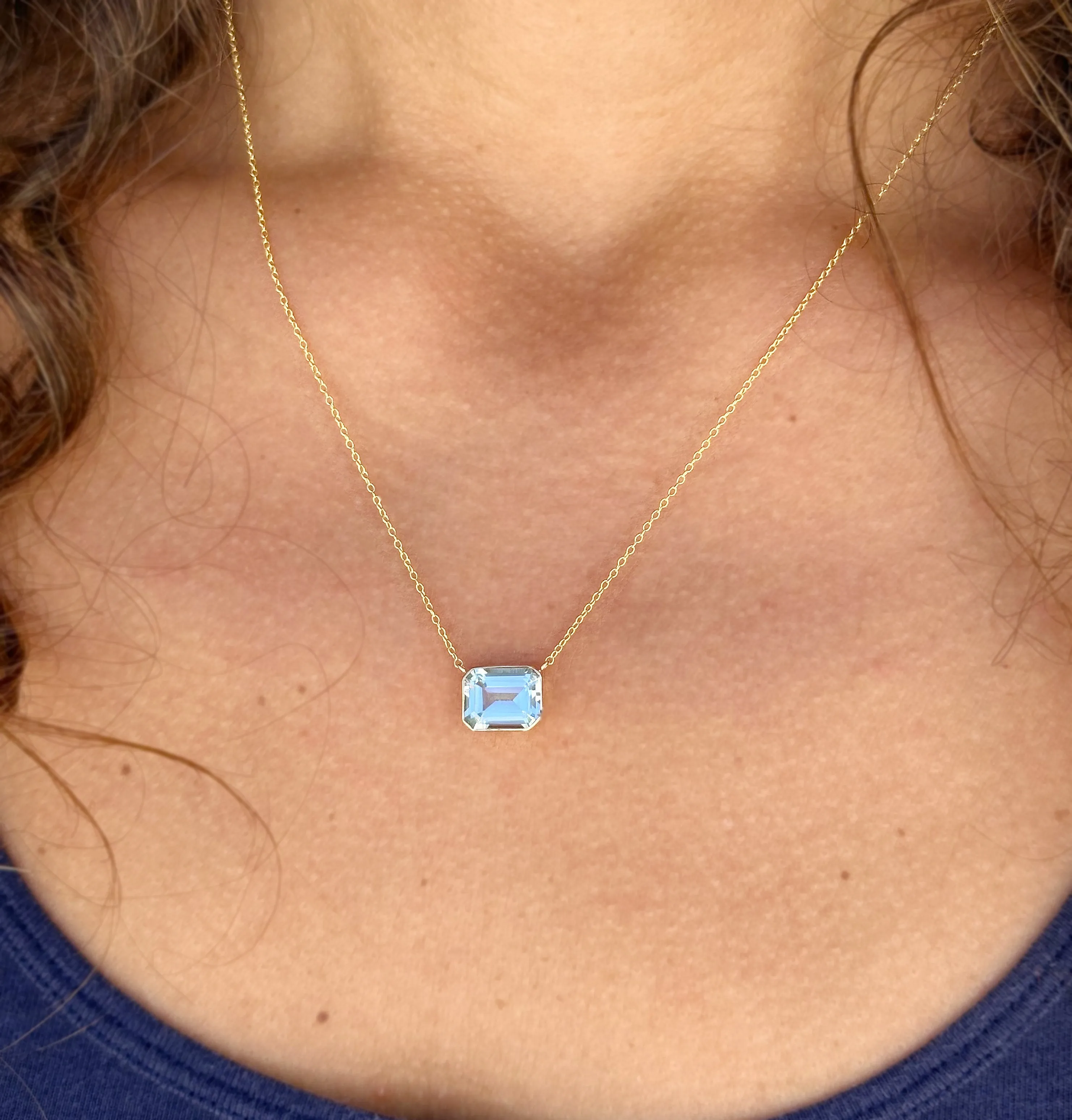 Emerald Natural Aquamarine Bezel Set Solitaire Necklace Minimalist Dainty 14k Solid Yellow Gold Chain Pendant Bridal Anniversary Gift 2.75ct