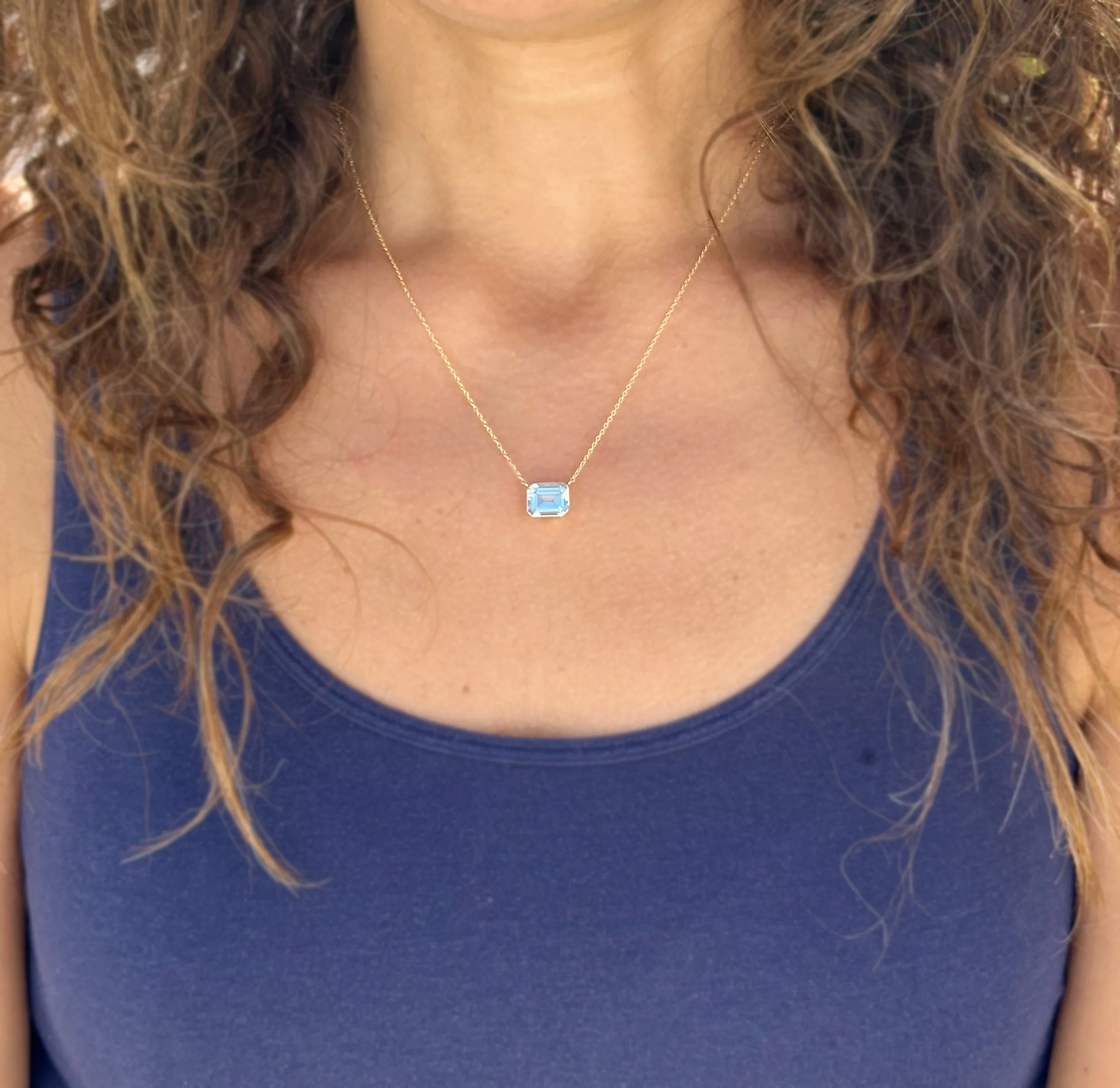 Emerald Natural Aquamarine Bezel Set Solitaire Necklace Minimalist Dainty 14k Solid Yellow Gold Chain Pendant Bridal Anniversary Gift 2.75ct