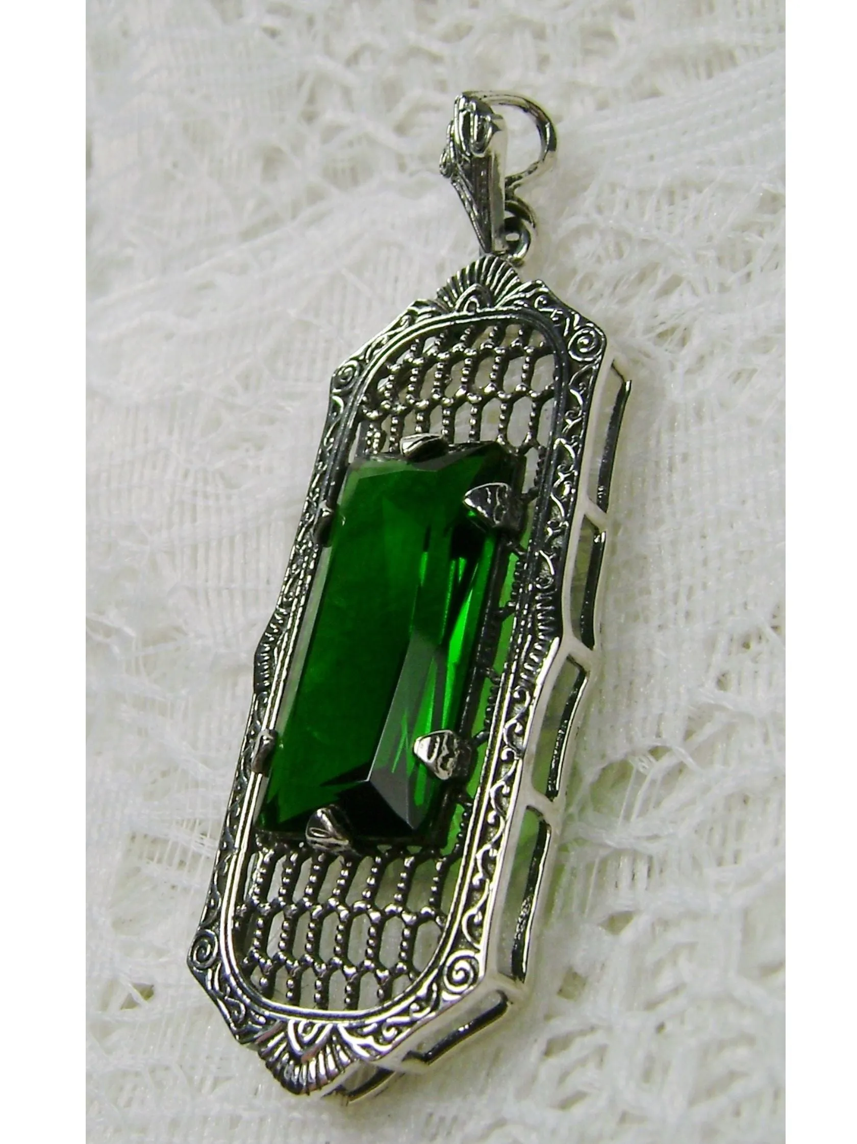 Emerald Pendant, Baguette Gem, Art Deco 1930s Reproduction Jewelry, Baguette P16