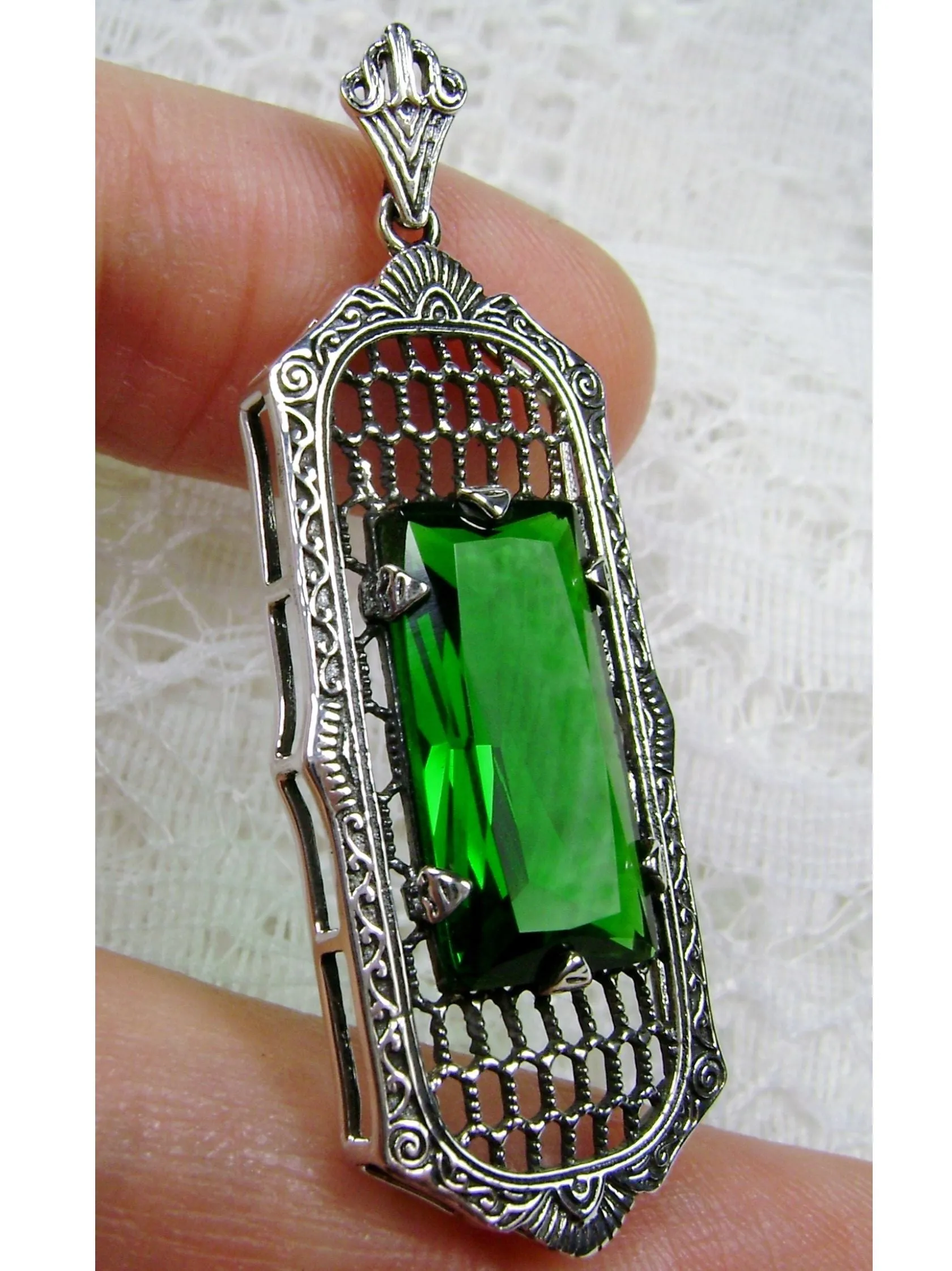 Emerald Pendant, Baguette Gem, Art Deco 1930s Reproduction Jewelry, Baguette P16