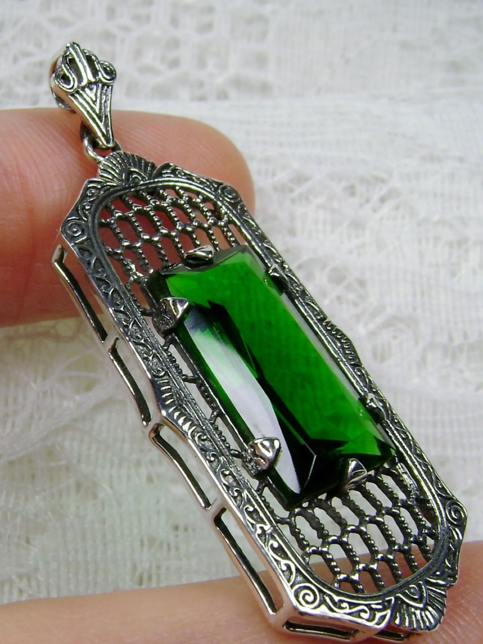 Emerald Pendant, Baguette Gem, Art Deco 1930s Reproduction Jewelry, Baguette P16
