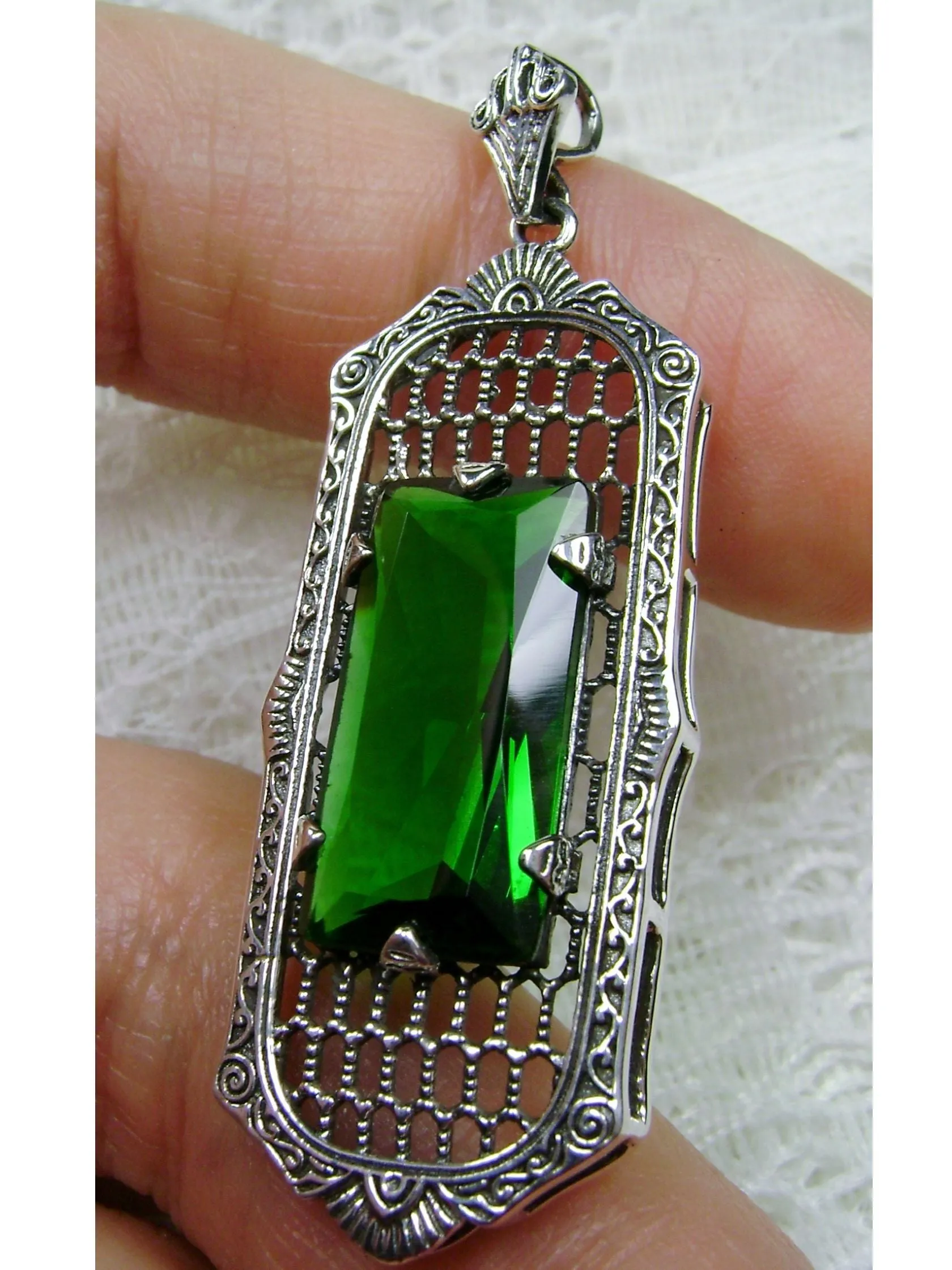 Emerald Pendant, Baguette Gem, Art Deco 1930s Reproduction Jewelry, Baguette P16