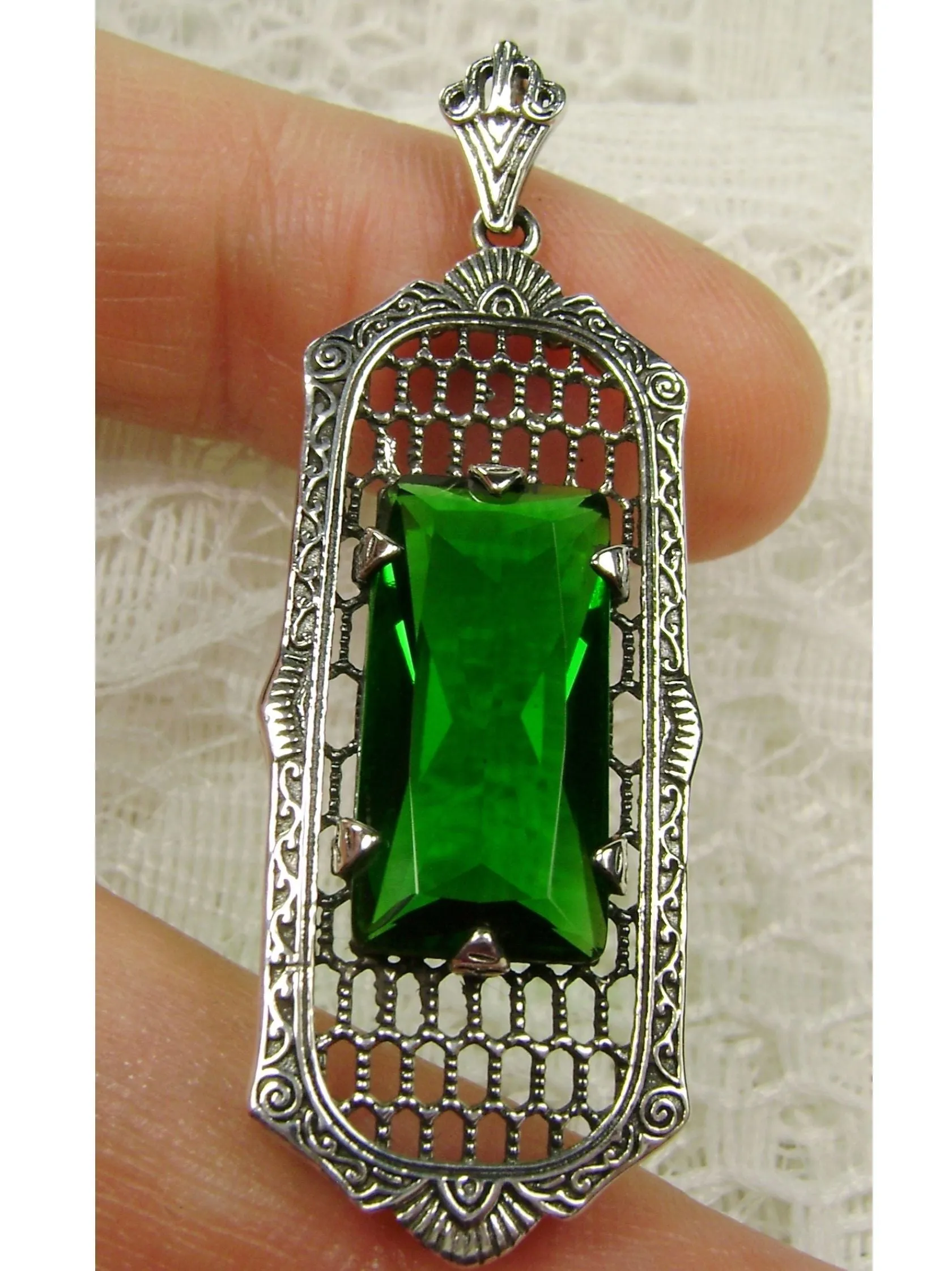 Emerald Pendant, Baguette Gem, Art Deco 1930s Reproduction Jewelry, Baguette P16