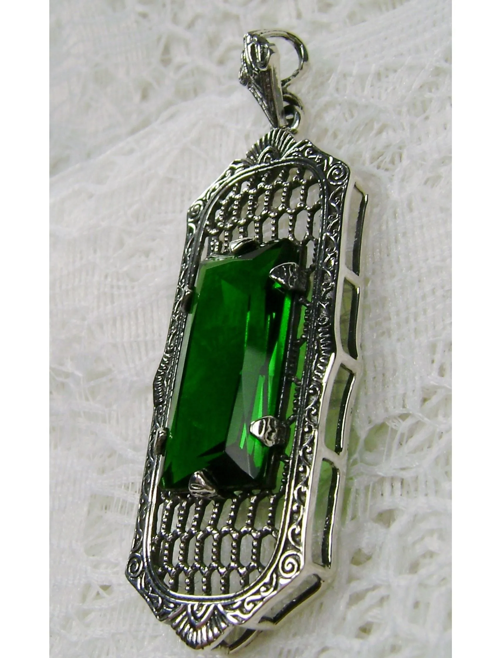Emerald Pendant, Baguette Gem, Art Deco 1930s Reproduction Jewelry, Baguette P16