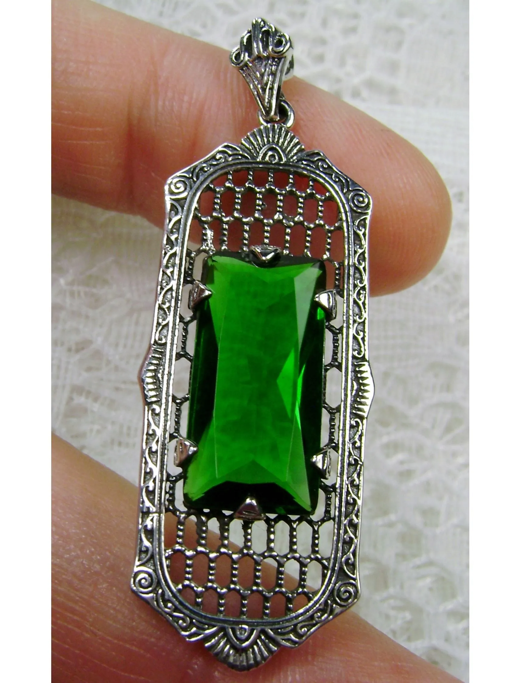 Emerald Pendant, Baguette Gem, Art Deco 1930s Reproduction Jewelry, Baguette P16