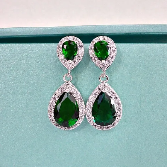 Emerald Teardrop Bridal Earrings, Green CZ Wedding Earrings, Emerald Crystal Bridal Earrings, Green Wedding Bridesmaids Earrings