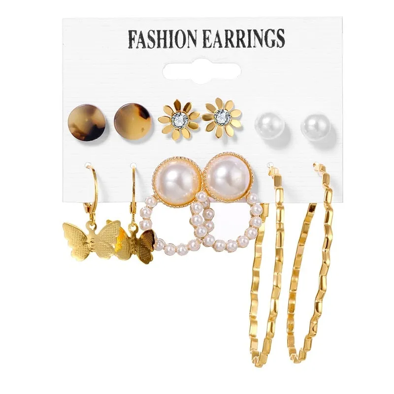 EN Pearl Hoop Earrings For Women Clip On Ear Rings Geometric Pendientes Round Circle Earring Set Brincos Korean Fashion Jewelry