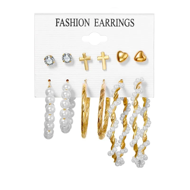 EN Pearl Hoop Earrings For Women Clip On Ear Rings Geometric Pendientes Round Circle Earring Set Brincos Korean Fashion Jewelry