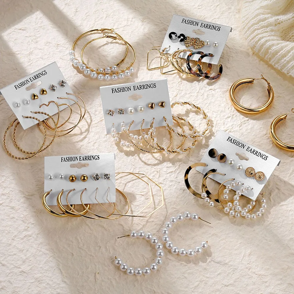 EN Pearl Hoop Earrings For Women Clip On Ear Rings Geometric Pendientes Round Circle Earring Set Brincos Korean Fashion Jewelry