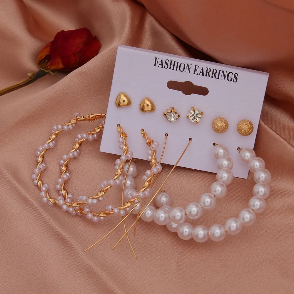 EN Pearl Hoop Earrings For Women Clip On Ear Rings Geometric Pendientes Round Circle Earring Set Brincos Korean Fashion Jewelry