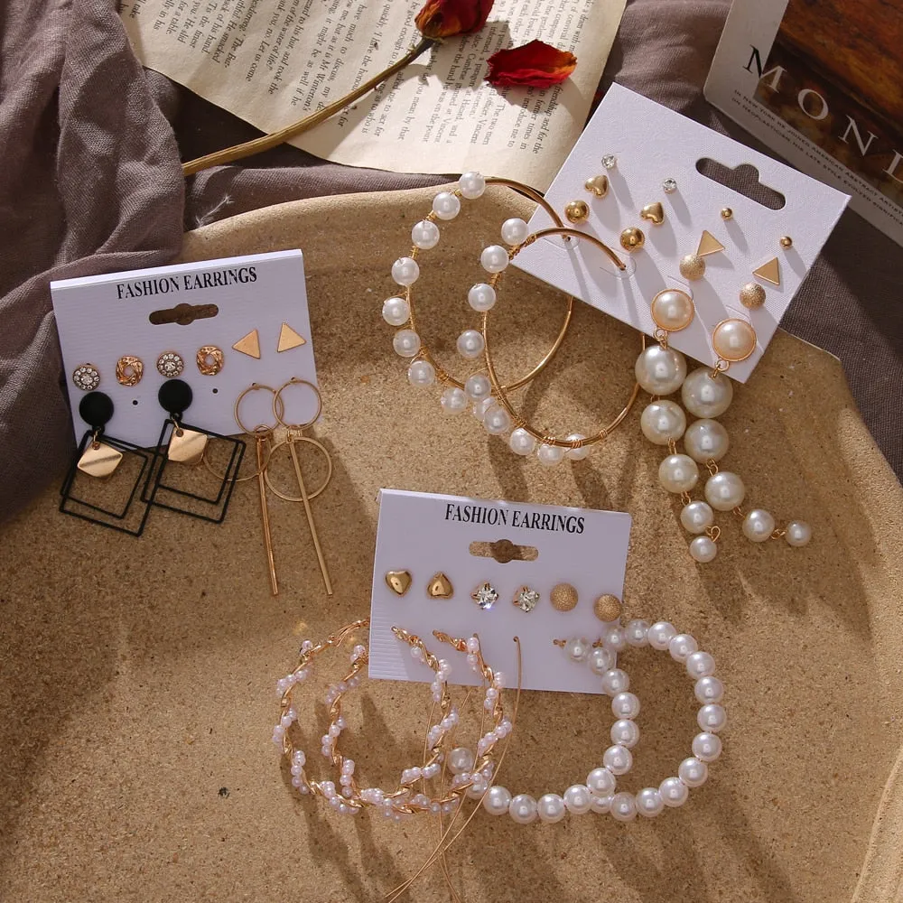 EN Pearl Hoop Earrings For Women Clip On Ear Rings Geometric Pendientes Round Circle Earring Set Brincos Korean Fashion Jewelry