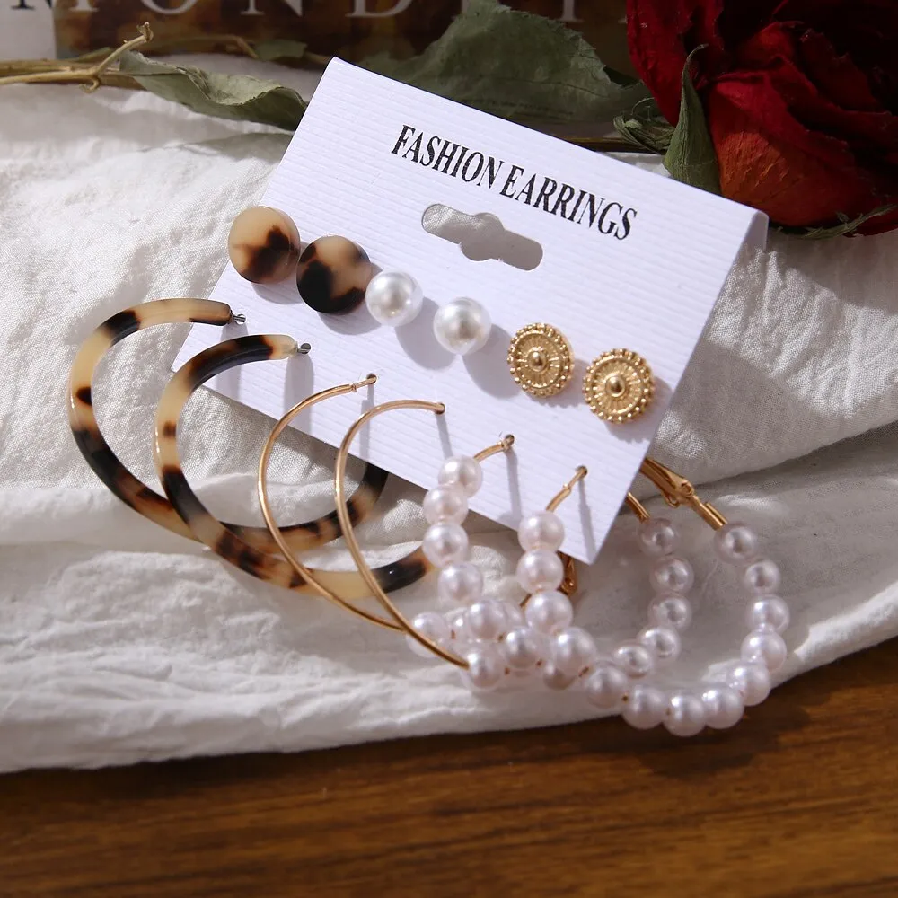 EN Pearl Hoop Earrings For Women Clip On Ear Rings Geometric Pendientes Round Circle Earring Set Brincos Korean Fashion Jewelry