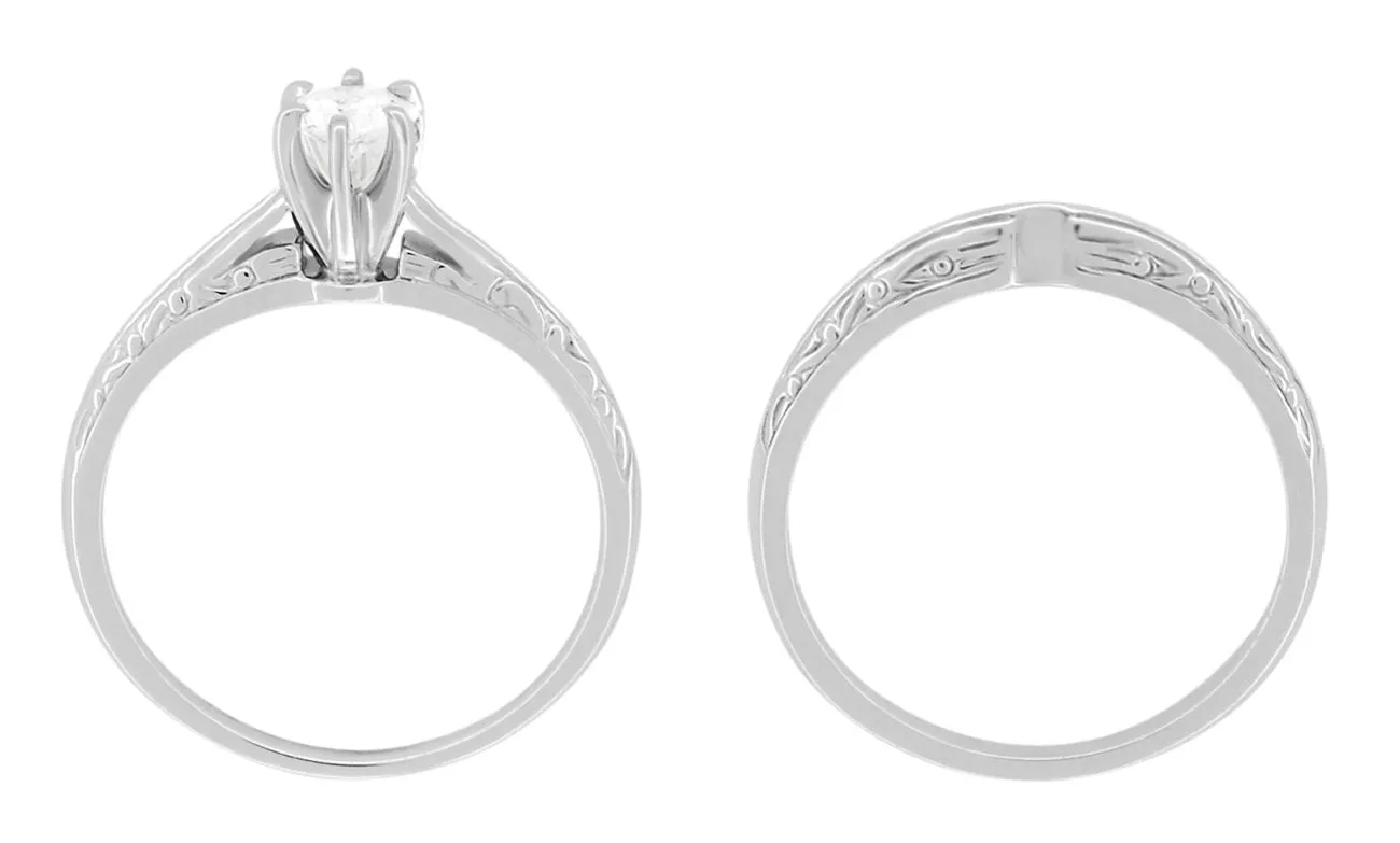 Engraved Scrolls Art Deco Diamond Engagement Ring and Wedding Ring Set in Platinum