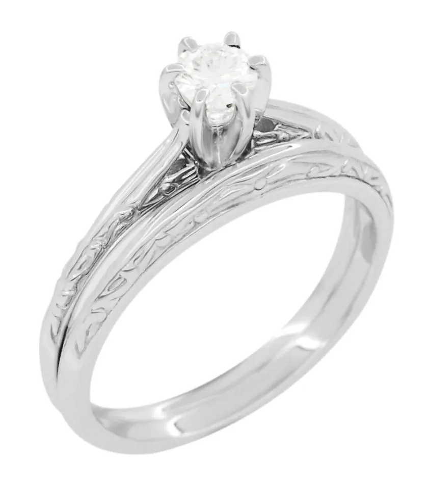 Engraved Scrolls Art Deco Diamond Engagement Ring and Wedding Ring Set in Platinum