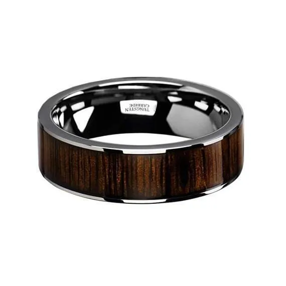 Exquisite Black Walnut Wood Inlaid Pipe Cut Tungsten Carbide Ring  6mm-10mm