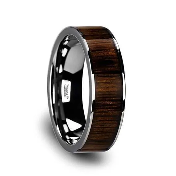 Exquisite Black Walnut Wood Inlaid Pipe Cut Tungsten Carbide Ring  6mm-10mm